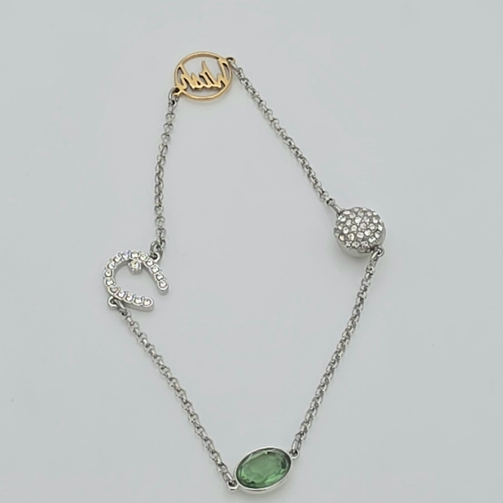 SWAROVSKI Signed Charm Bracelet Green Crystal Wish Horseshoe Rhodium Plate 6.75"